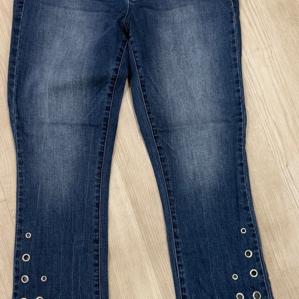 Seven7 Dark Blue Eyelet Hem Wide-Leg Jeans